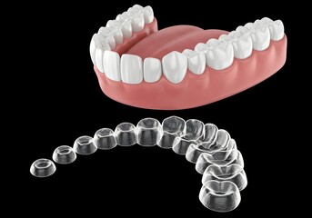 Obraz premium A dental model with white teeth and a set of clear aligners on a black background for orthodontics