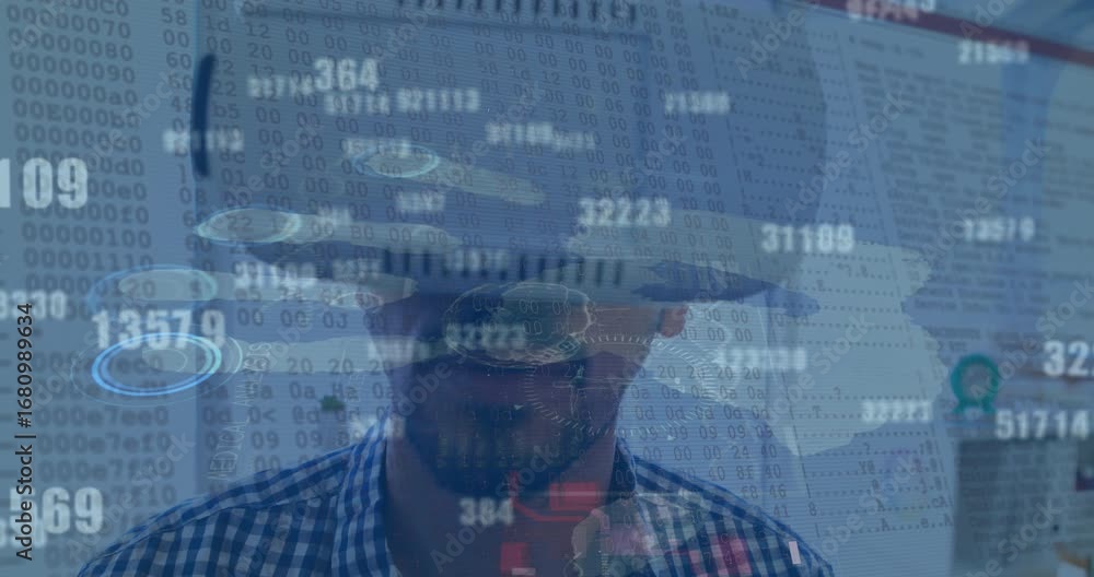 Aufkleber animation of data processing over men using vr head set