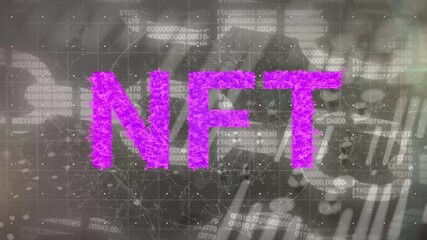 Animation of nft over block chain and data on brown background - Powered by Adobe