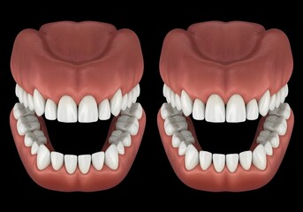 Two sets of teeth with gums displayed against a black background in a dental illustration