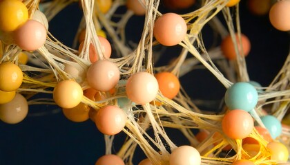 Colorful spherical shapes connected by stretchy strands