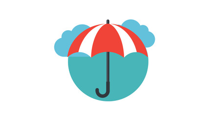 Bright red and white striped umbrella with blue clouds on a white background illustration