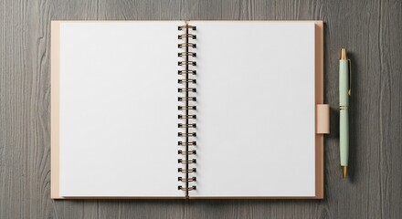 Open spiral notebook with blank pages and pen on wooden desk.