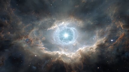 Obraz premium A dying white dwarf star glowing faintly in space, surrounded by remnants of its planetary nebula in stunning realism