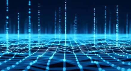 A close up view of a blue digital network with vertical lines and a grid like structure below it
