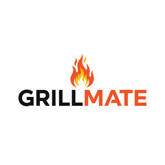 Fiery Grillmate Logo Bold black font ablaze with vibrant orange and yellow flames a barbecue icon