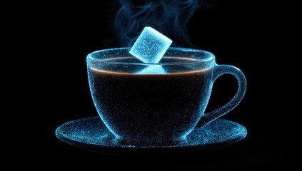 Vibrant photo of glowing blue ice cube melting in dark coffee.