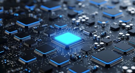 A close up view of a dark circuit board with a bright blue central processor and other components