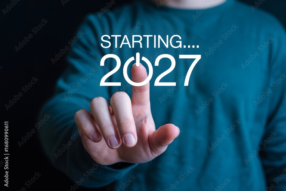 Poster a person's finger touching a screen with the text starting and the year twenty twenty seven on it