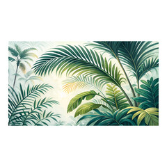 A watercolor painting of a lush tropical jungle filled with various shades of green and yellow foliage