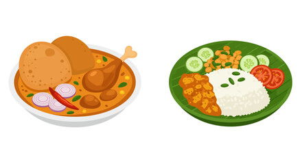 Delicious thai khao soi noodle soup and a side of rice with vegetables and fried shallots