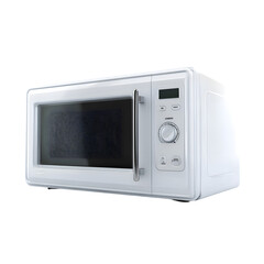 Obraz premium A modern white microwave oven with a digital display and control panel, isolated on a transparent background