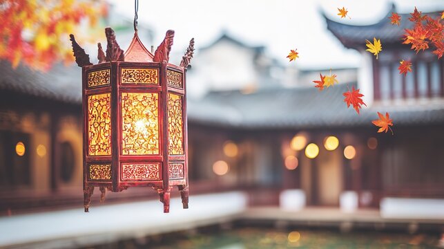 A glowing red lantern with golden details, illuminating a traditional courtyard during China's National Day celebrations.