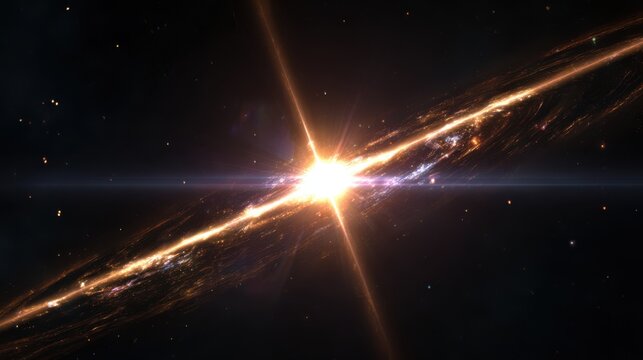 A hyper-realistic depiction of a pulsar star emitting beams of light across space, captured in high-definition movie style