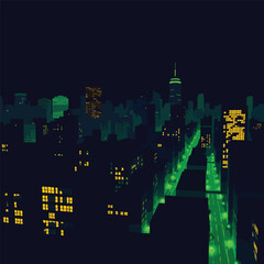 A cityscape at night. The buildings are dark  but the streets and windows are illuminated by glowing green lines of energy. Flat vector art  high contrast.