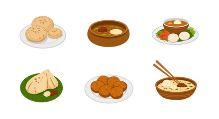 Collection of delicious asian food dishes including dumplings soup and fruit presented in a vibrant illustration style