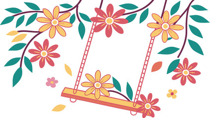 Adobe Illustrator Artwork A vector illustration of a swing hanging from a tree branch with colorful flowers for creative projects