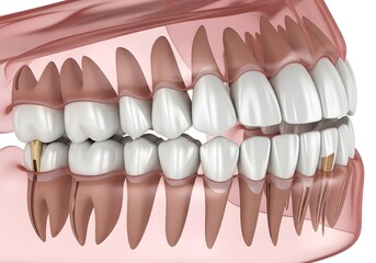 A dental model showing teeth and gums with one tooth having a gold filling and root canal work done