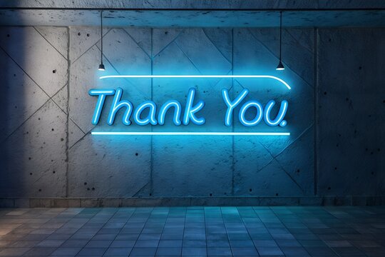 Bright blue neon "Thank You" symbol illuminated against a textured concrete wall in a moody atmospheric setting