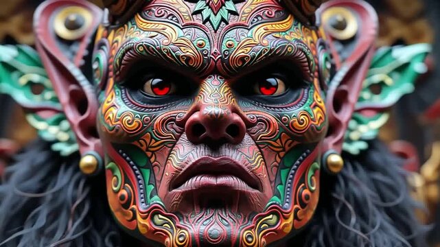 Intricate Demon Mask: Vivid Colors, Detailed Patterns, and Intense Red Eyes