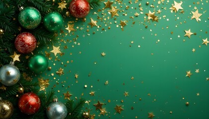 Flat Lay Christmas Decorations with Stars and Ornaments on Green Background