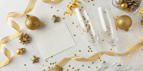 Two empty champagne flutes on white surface with golden ornaments, ribbons and star confetti for new year or christmas celebration and festive seasonal design projects