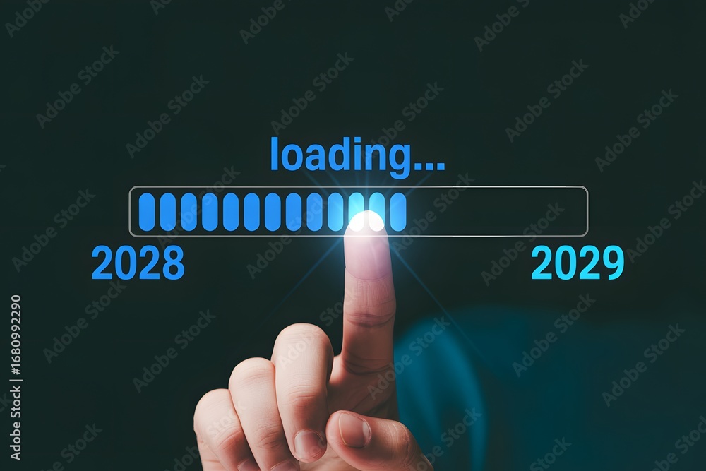 Poster a loading bar transitioning from year 2028 to 2029 with a finger touching the loading progress point
