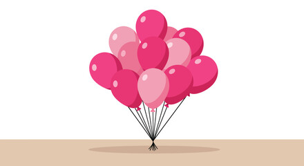 A vibrant bunch of pink and fuchsia balloons tied together with strings floating against a white background