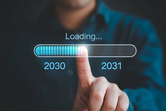 A finger touching a loading bar with the text loading and the years from two thousand thirty to thirty one