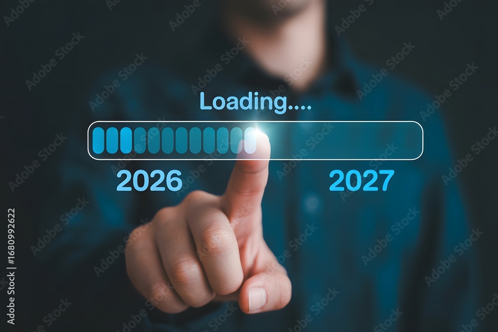 Poster a finger touching a loading bar transitioning from the year two thousand twenty six to twenty seven