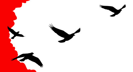 Silhouettes of four black birds in flight against a stark white background with a vibrant red torn edge on the left side