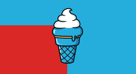 Whimsical hand drawn blue ice cream cone with swirl of white cream on a bold red and blue background