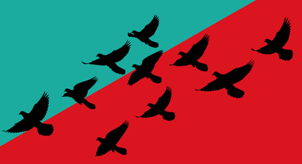 Flock of silhouetted birds flying diagonally across a vibrant teal and red background