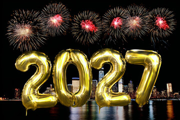 2027 New Years Eve celebration illustration gold balloons with fireworks in the background.