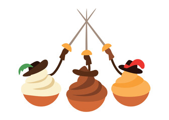 Vector illustration of three musketeer cupcakes with hats and swords, combining dessert design and classic literature characters.