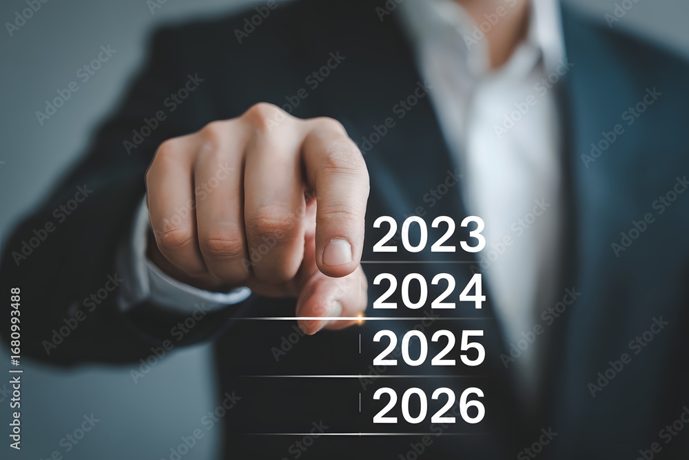 Aufkleber a man in a suit pointing to a list of years from twenty twenty three to twenty twenty six in white t