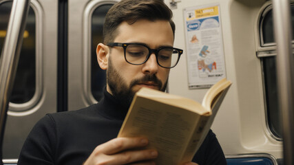Fototapeta premium Bearded man wearing glasses reading paperback book on subway during afternoon