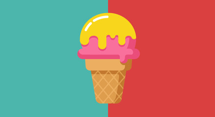 Vibrant illustration of a delicious strawberry and lemon ice cream cone on a split background