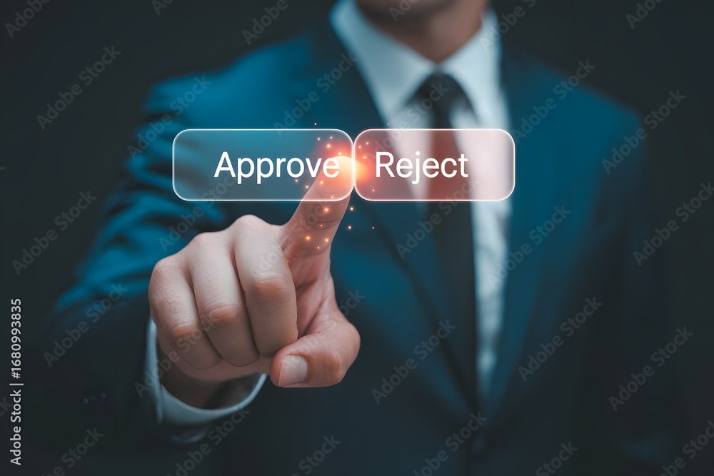 Aufkleber a business man in a suit making a decision between approve and reject using a digital interface