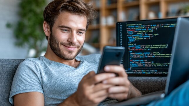 Young man coding on laptop while engaging with smartphone in modern indoor setting