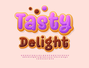 Vector Sweet label Tasty Delight. Delicious Cake Font. Positive Alphabet Letters and Numbers set.