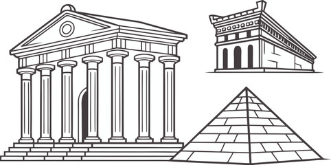 Adobe Illustrator Artwork Vector illustrations of historical architecture including a Greek temple, a monument, and an Egyptian pyramid