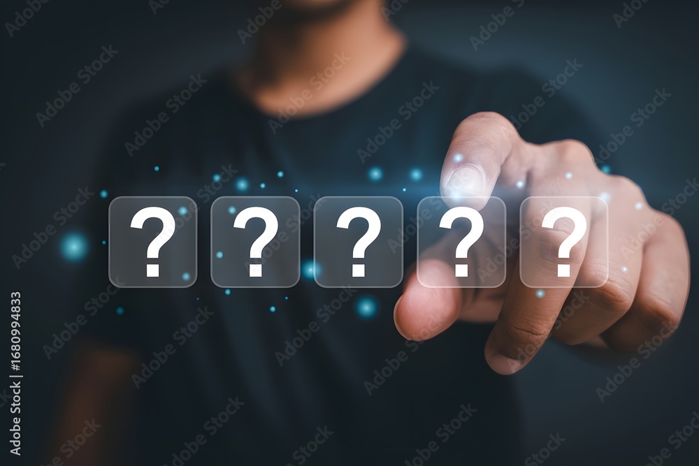 Poster a person pointing at five question mark icons with a dark background and blue light effects around t