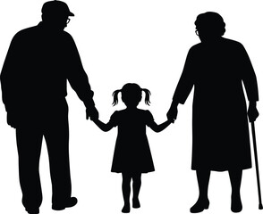 Silhouette of loving grandparents holding granddaughter’s hands, family bond
