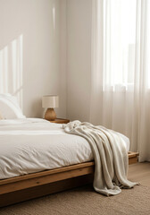 Minimalist Bedroom with Soft Sunlight – Wellness and Balance Concept