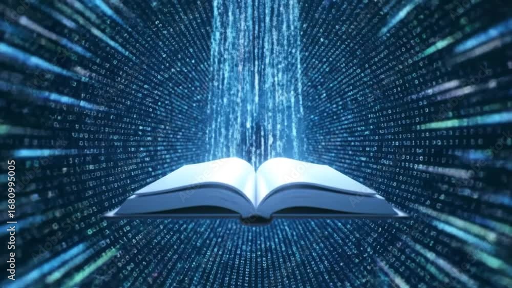 Poster an open book illuminated by a vibrant stream of digital binary code, symbolizing the convergence of 