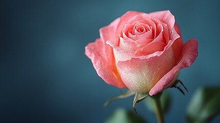 A vibrant pink rose with glistening water droplets on its petals stands against a soft dark blue background conveying delicate natural beauty