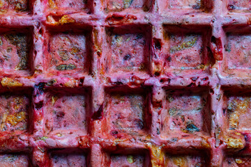 Background and texture of beetroot, zucchini, cheese and herbs waffle made with waffle maker, closeup, top view. Tasty vegetable waffles for eat
