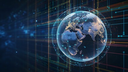 Obraz premium Global network connection with Earth globe and digital data lines on dark blue background. Technology, communication, and internet concept.