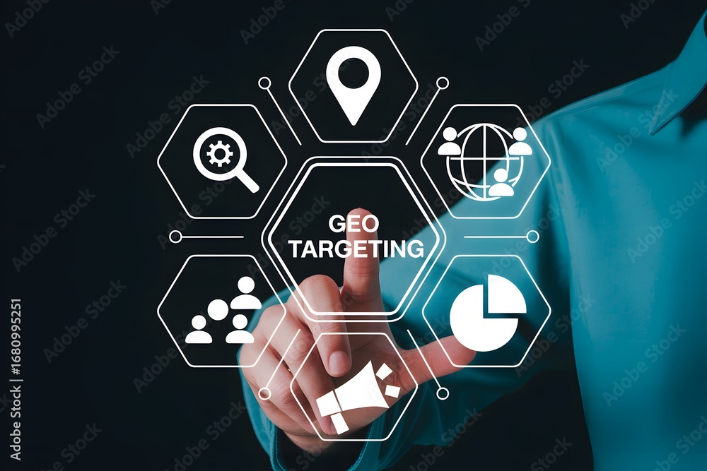 Poster finger touching geo targeting interface with location search and global network icons around it
